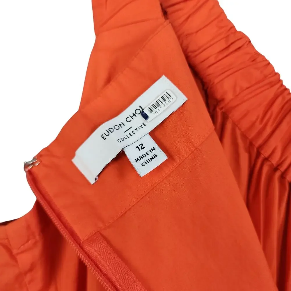 Eudon Choi Womens Midi Ruched Tiered Dress Size 12 Orange Tiered Smocked Peasant